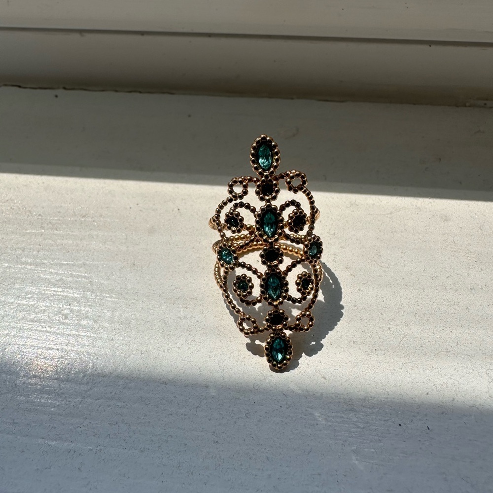 Authentic Swarovski Gold and Aqua Filagree Statement Ring Sz S